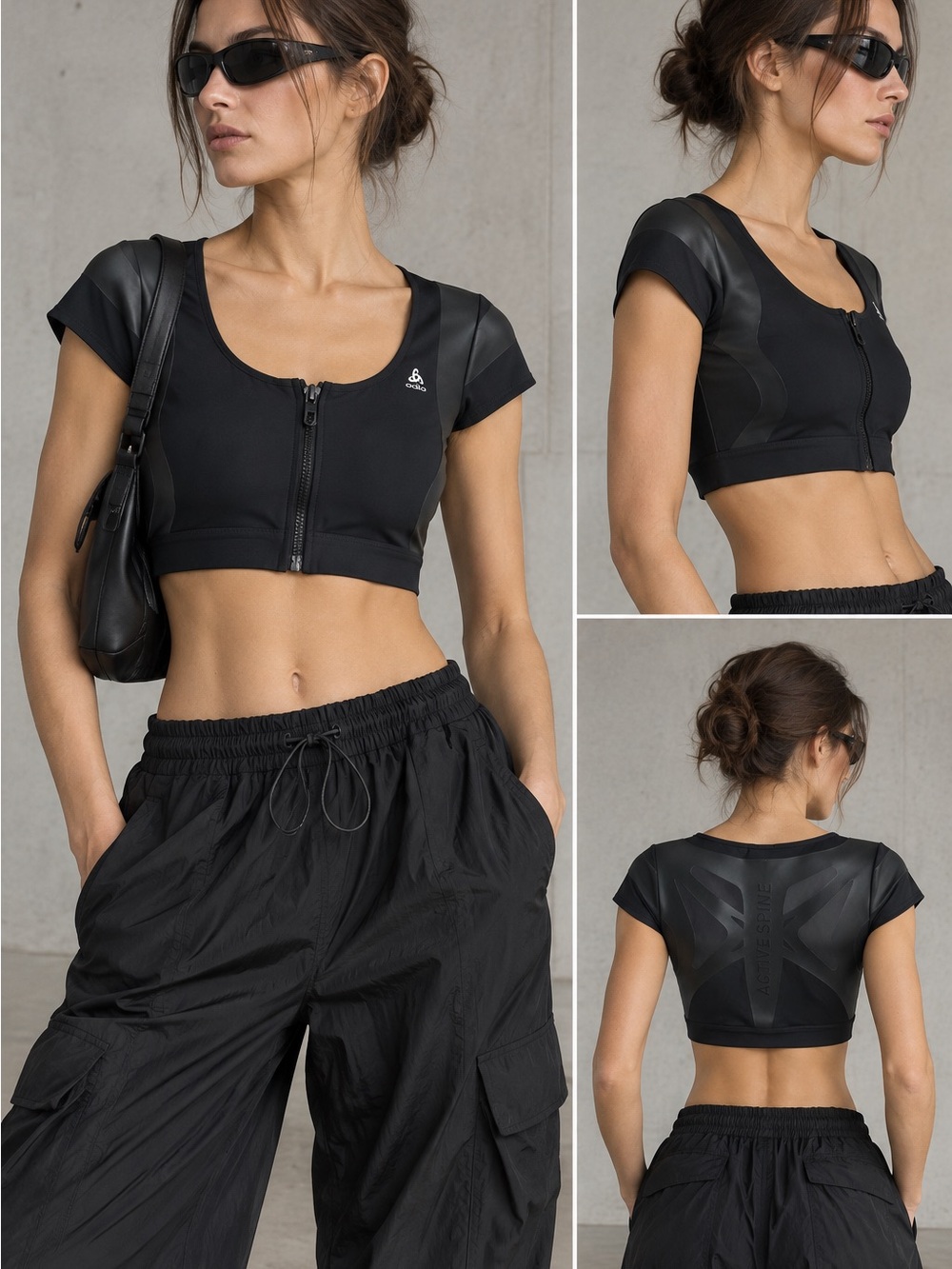 Odlo Active Spine Black Cropped Zip Top S Technical Y2K Sport Cyber 2000s